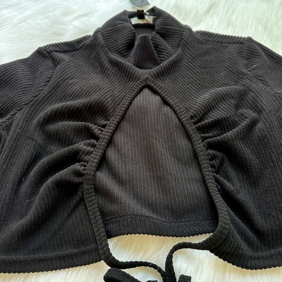 Lulus Shrug Topper Cropped Black Ribbed Turtleneck Open Tie Front SMALL NWT - Picture 1 of 8